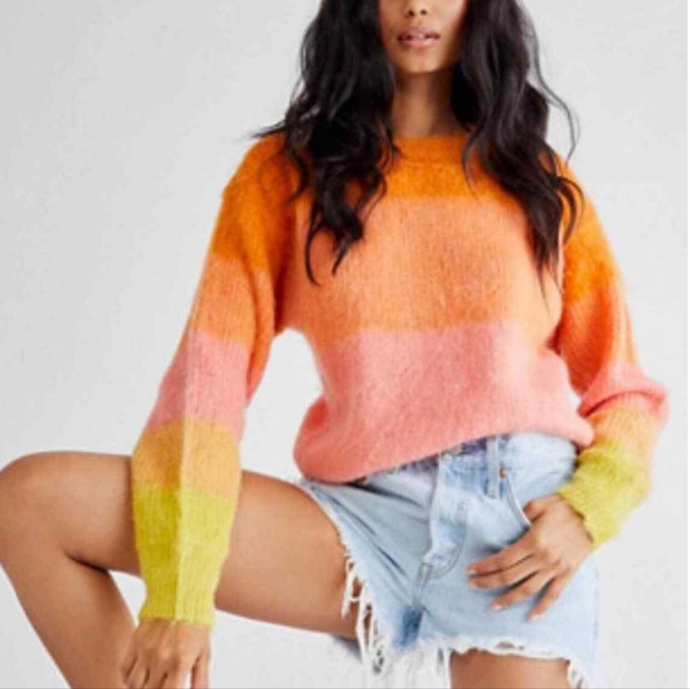 Free People Sweater Autumn Sky Fluffy Ombre‎ Orange Sunset